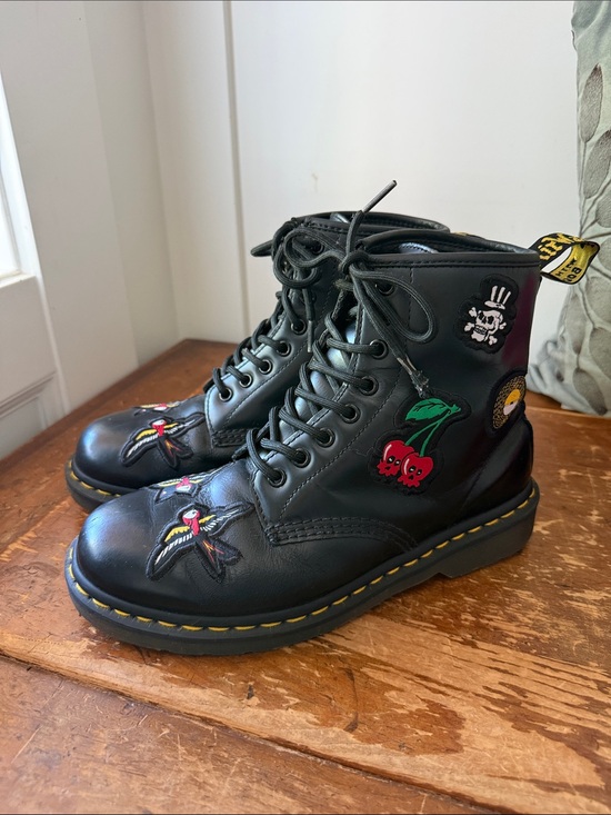 Dr. Martens Shoes - Dr Martens Black Lace-Up Patch Combat Boots - Birds, Cherry & Skull Accents
